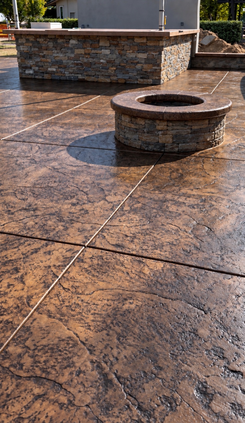 Stamped concrete patio with stone fire pit and outdoor kitchen