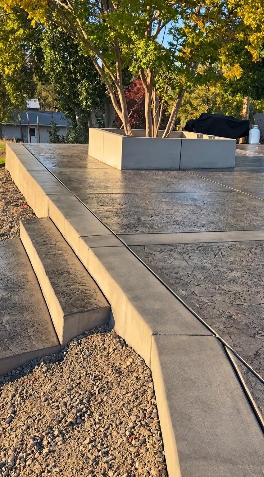 Stamped patio with concrete steps and retaining wall